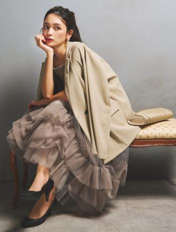 【S/M/L】ジャケット付きボリュームチュールドレス(ベージュ)DPSET0913
