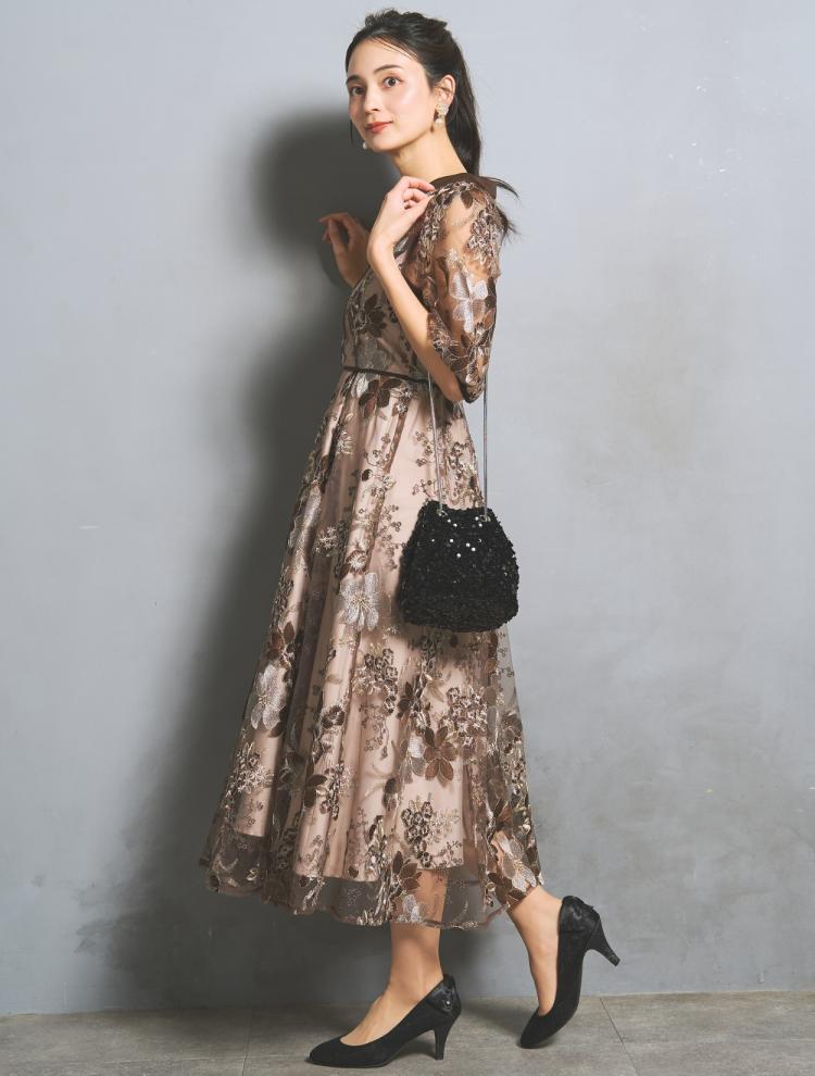 【M/L】フラワー刺繍パイピングドレス（ブラウン）DPSET0924