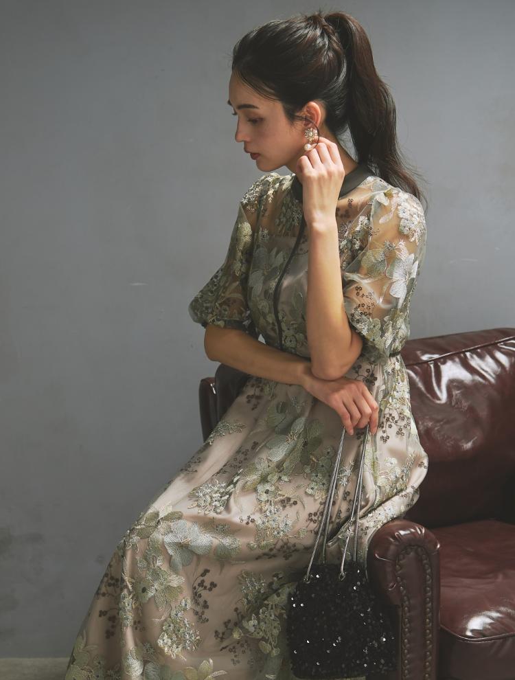 【M/L】フラワー刺繍パイピングドレス（グリーン）DPSET0926