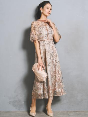 【M/L】フラワー刺繍パイピングドレス（ピンク）DPSET0929