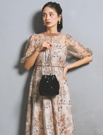 【M/L】フラワー刺繍パイピングドレス（ピンク）DPSET0930