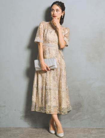 【LL】刺繍レースフレアドレス（グレイッシュイエロー）DPSET0931L