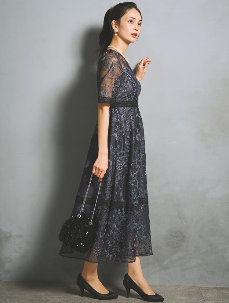 【LL】刺繍レースフレアドレス（ネイビー）DPSET0935L