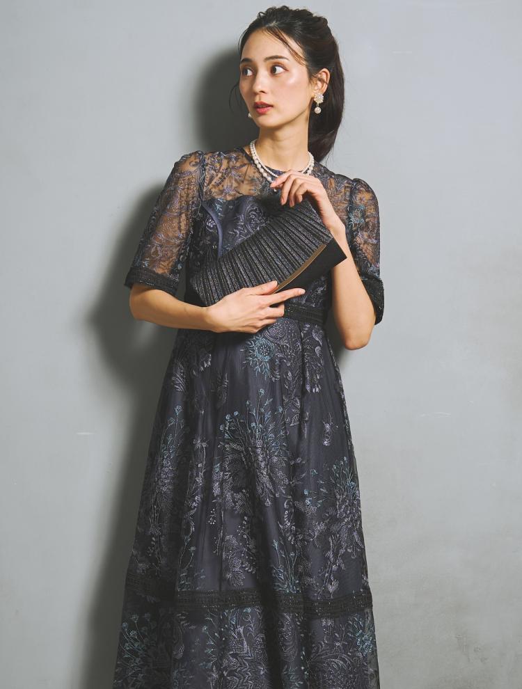 【M/L】刺繍レースフレアドレス（ネイビー）DPSET0936