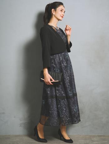 【M/L】刺繍レースフレアドレス（ネイビー）DPSET0937