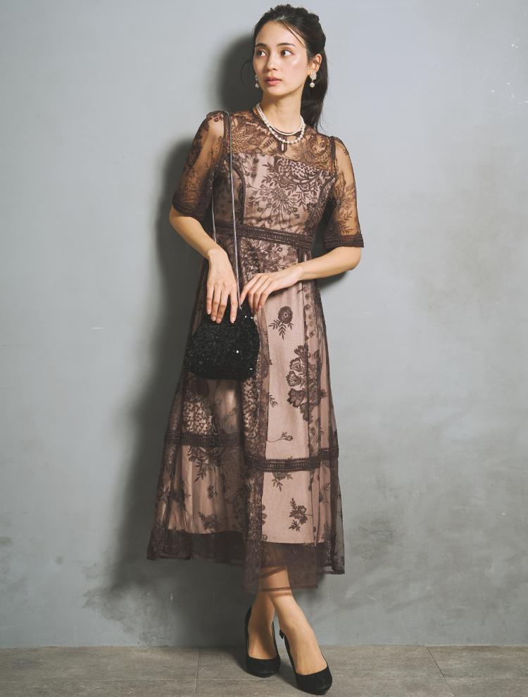 【M/L】刺繍レースフレアドレス（ブラウン）DPSET0939