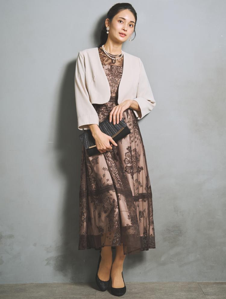 【M/L】刺繍レースフレアドレス（ブラウン）DPSET0940