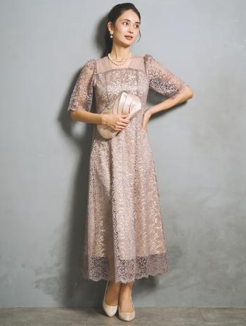 【M/L】スクエアネックスカラップドレス（グレイッシュピンク）DPSET0941