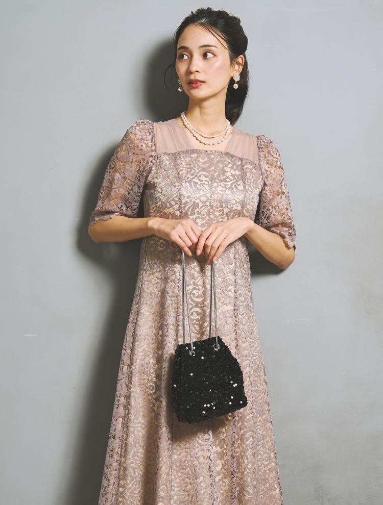 【M/L】スクエアネックスカラップドレス（グレイッシュピンク）DPSET0942