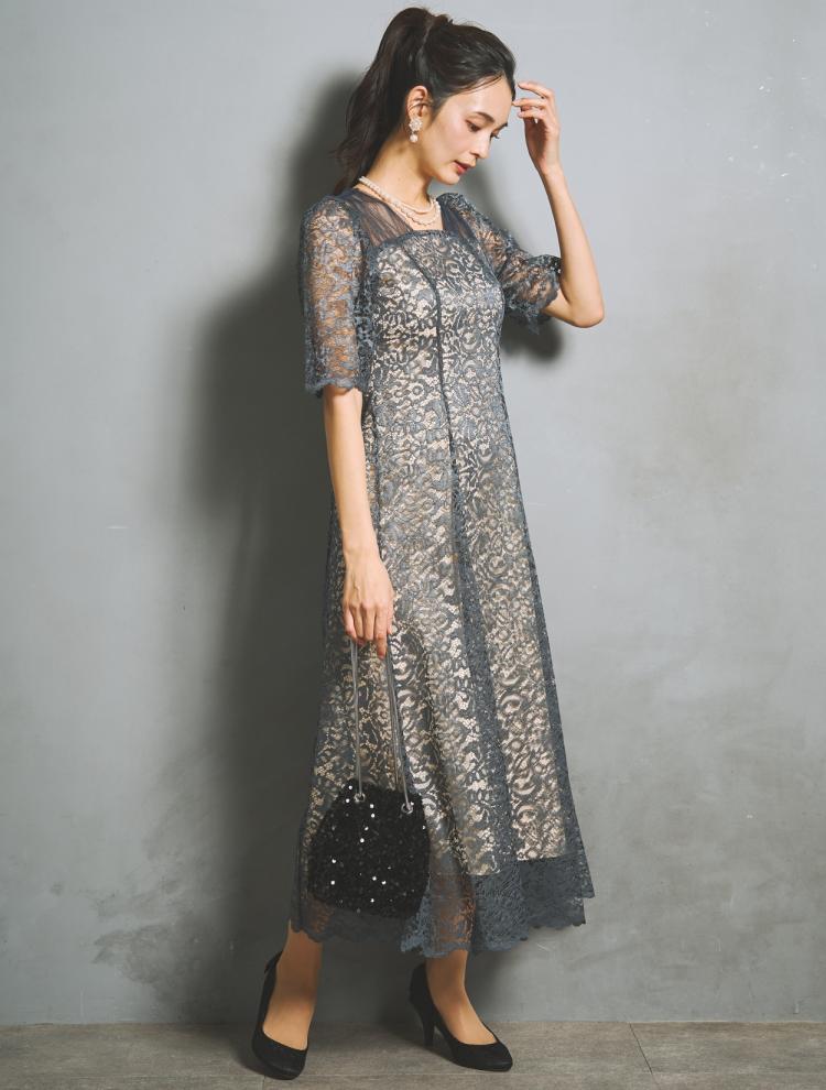 【M/L】スクエアネックスカラップドレス（ネイビー）DPSET0944