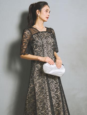 【M/L】スクエアネックスカラップドレス（ブラック）DPSET0945