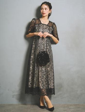 【M/L】スクエアネックスカラップドレス（ブラック）DPSET0946