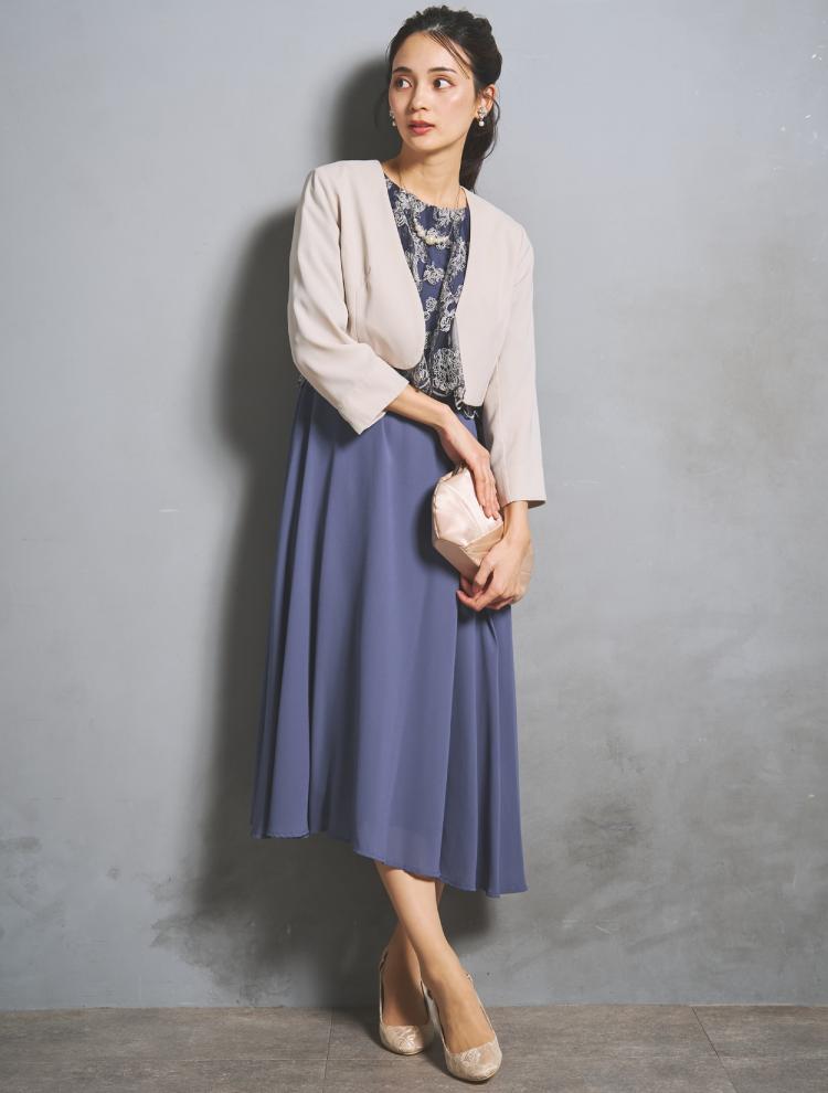 【M/L】レースブラウスミモレ丈ドレス（ブルー）DPSET0956