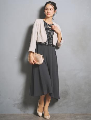 【M/L】レースブラウスミモレ丈ドレス（グレー）DPSET0958