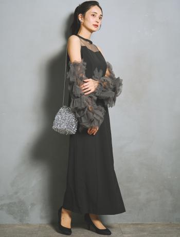 【M/L】チュールスリーブドレス（ブラック）DPSET0959