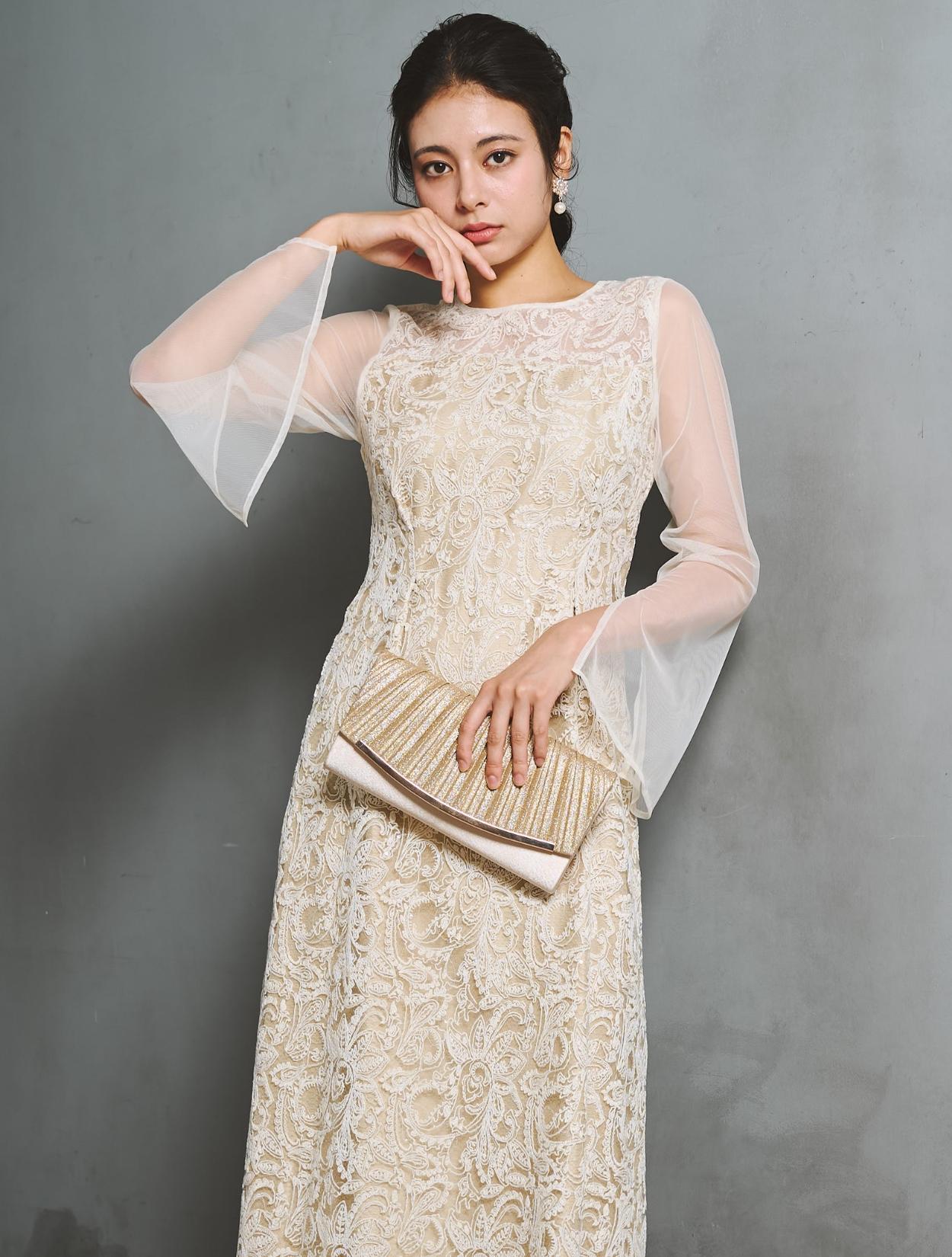 S/M/L】リーフ刺繍シアースリーブドレス（イエロー）DPSET0968の