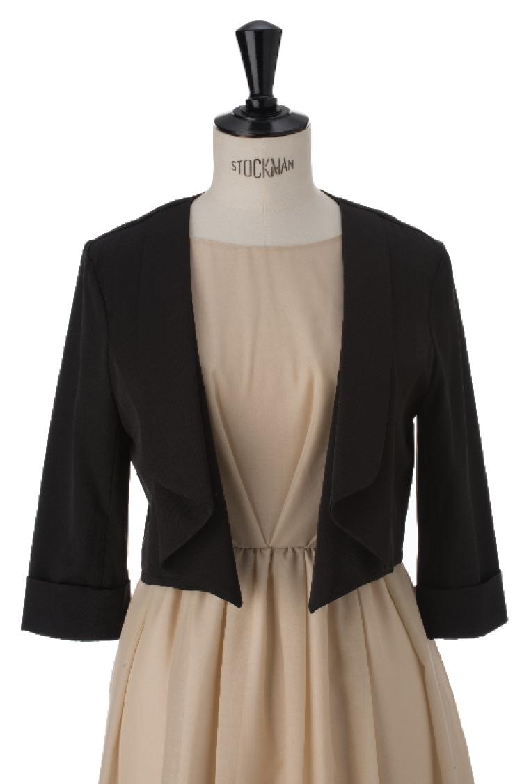 【F】エステルツイル七分袖ジャケットボレロ（ブラック）