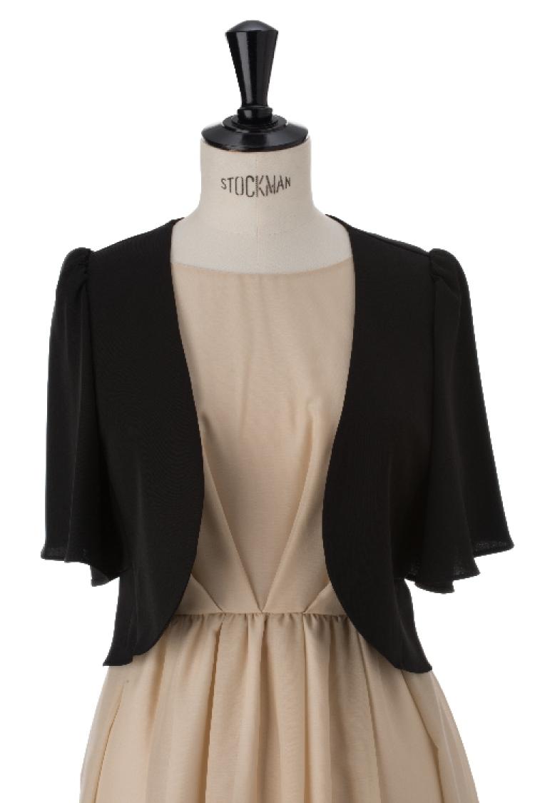 【F】エステルツイルフレア袖ジャケットボレロ（ブラック）